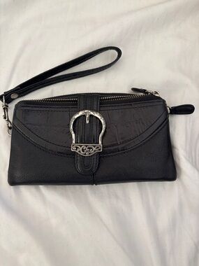 Brighton Black Leather Wallet Wristlet Double Zip Lined Snap Closure